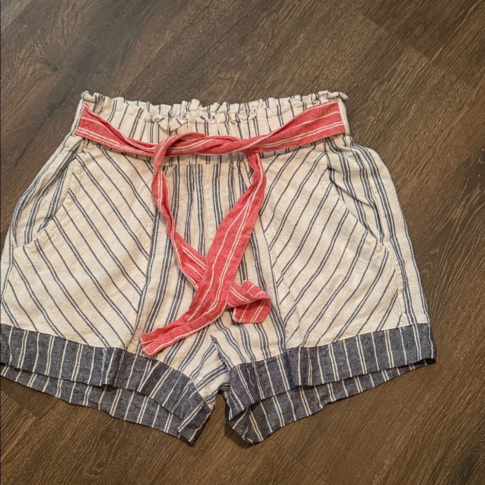 Cato Blue and White Striped High Waist Linen Shorts with Red Tie